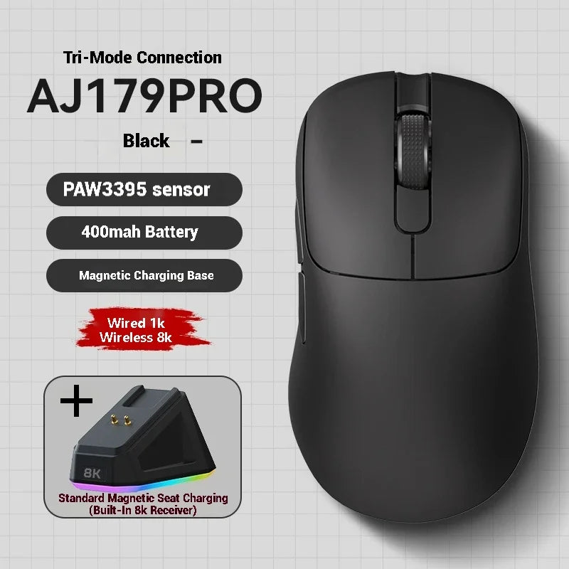 AJAZZ AJ179 PRO Kabellose Gaming-Maus – PAW3395-Sensor, magnetische Ladestation, anpassbare Makros, kompatibel mit PC/Laptop