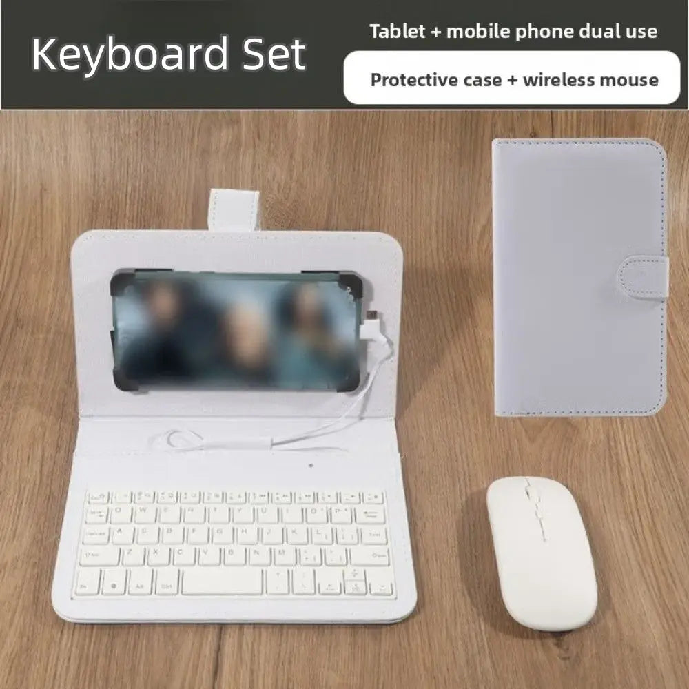 Portable Keyboard Mouse Set Type C & Micro Available PU Leather Shell Phone Holder Bluetooth Mouse Home Work Keyboard