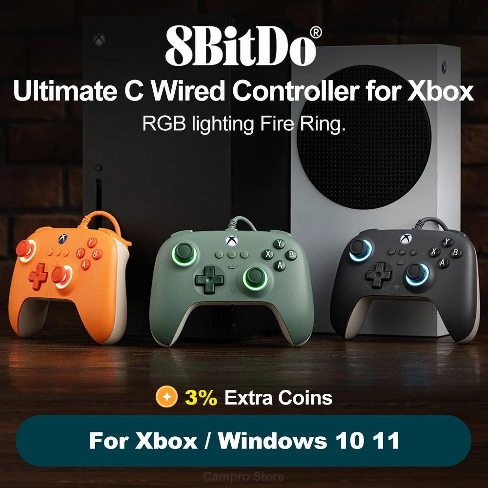 8BitDo Ultimate C Wired Controller for Xbox Series X S, Xbox One, PC Windows 10 11 with Hall Effect and RGB Lighting Fire Ring