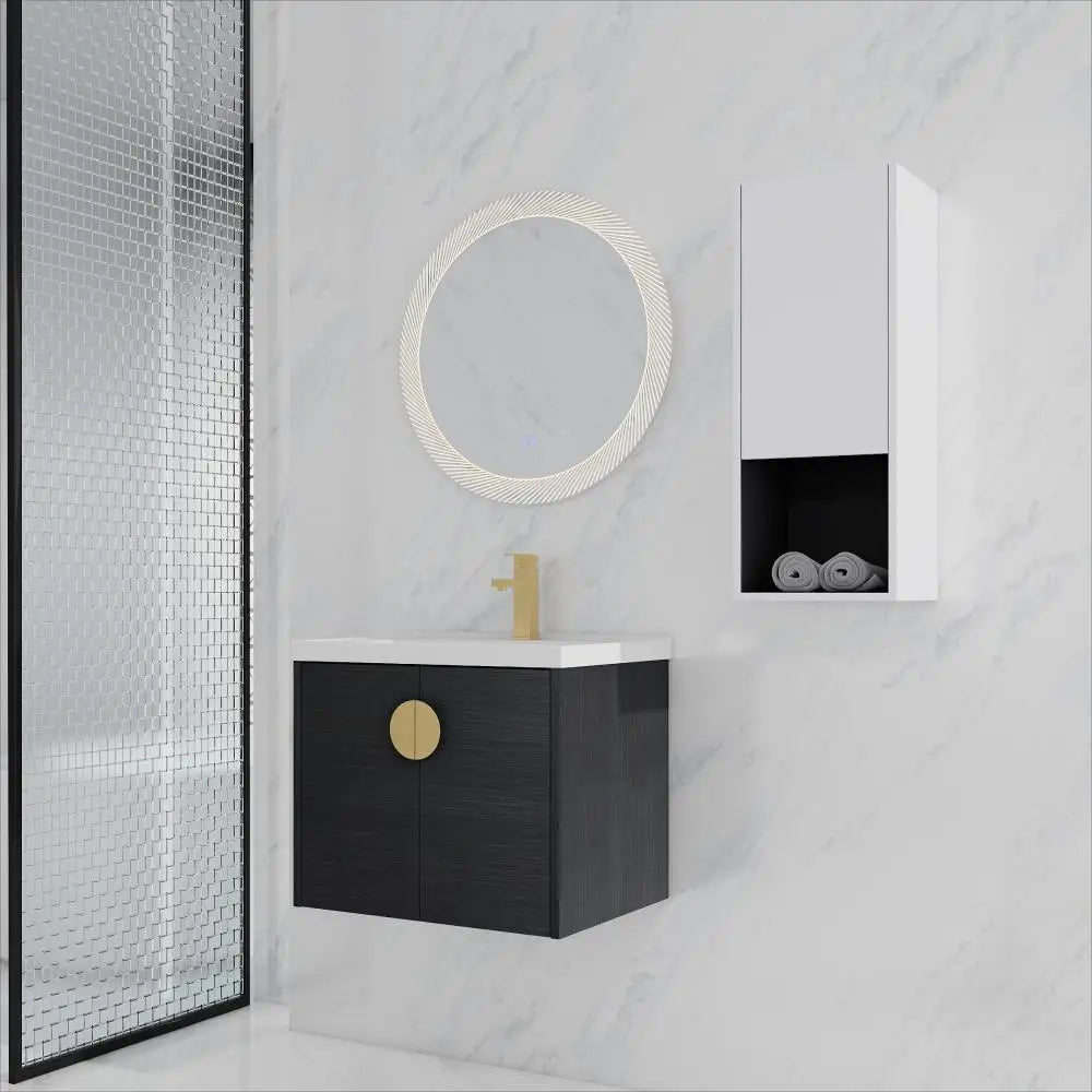 24" Wall-Mounted Bathroom Vanity With Ceramic Sink and Side Cabinet, Soft Close Doors, Combination Cabinet(KD-Packing)