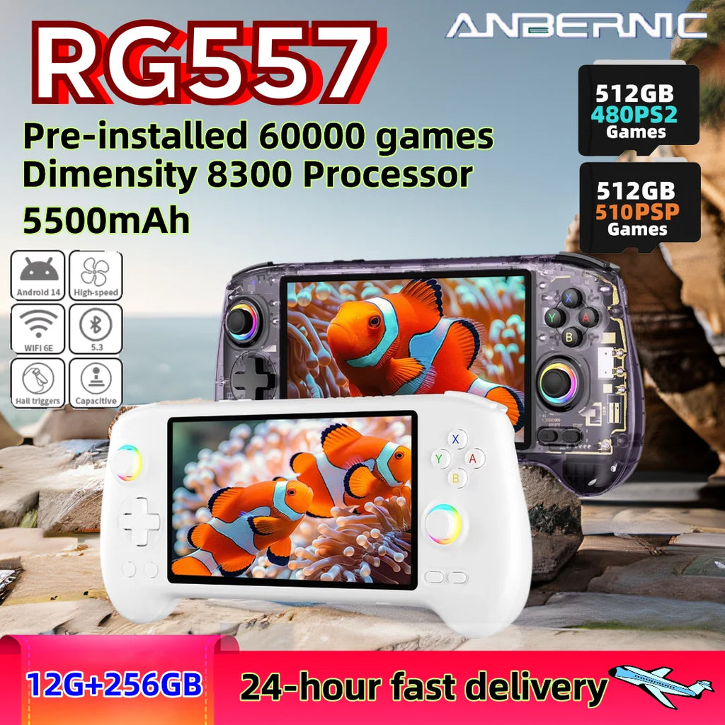 ANBERNIC RG557 RG 557 Retro Handheld Game Console Video Game Consoles 5.48"AMOLED Screen Android 14 Wifi 12G+256G PSP PS2 Gift