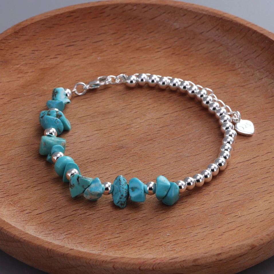 VENTFILLE 925 Sterling Silver Natural Turquoise Square Bead Bracelet For Women Gift Crushed Silver Jewelry Dropshipping