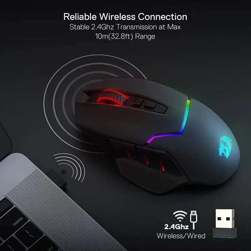 Redragon M690 PRO Kabellose Gaming-Maus, 8000 DPI, kabelgebundene Maus, Rapid Fire Key, 8 Makro-Tasten für PC/Mac/Laptop, schwarz/weiße Maus