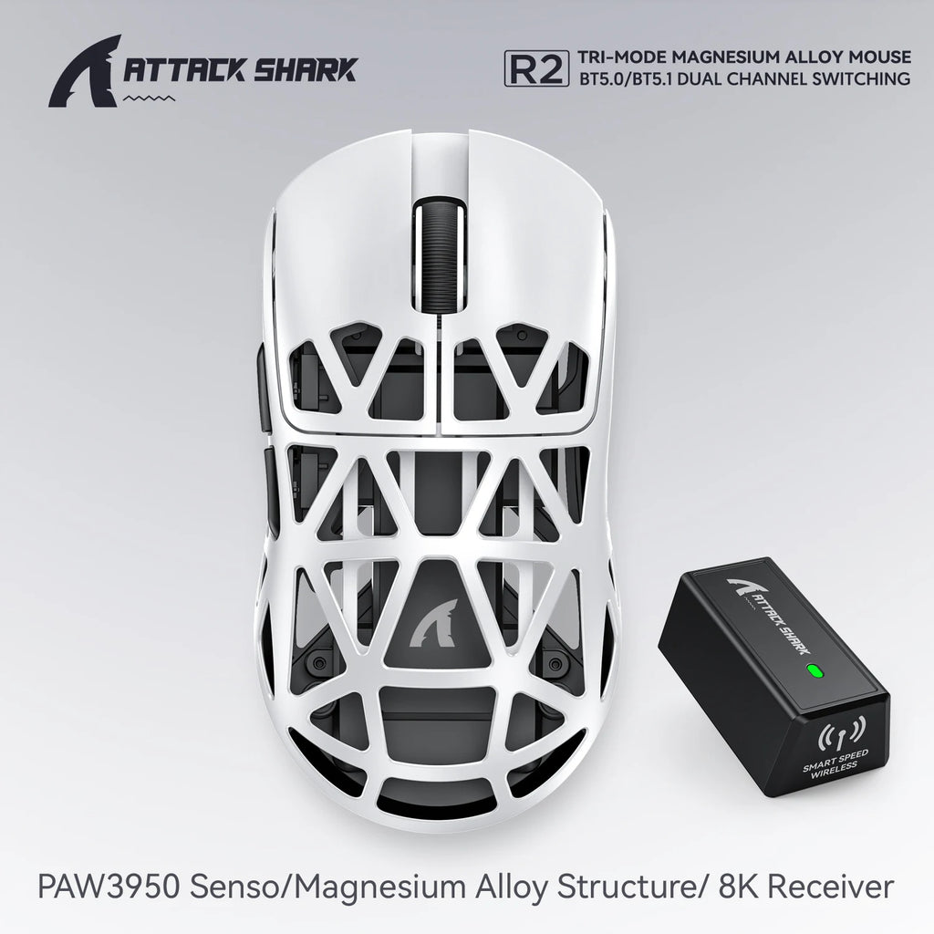 Геймърска безжична мишка Attack Shark R2 PAW3950, изработена от магнезиева сплав, 8K, лека, Bluetooth, трирежимна, за игри/офис