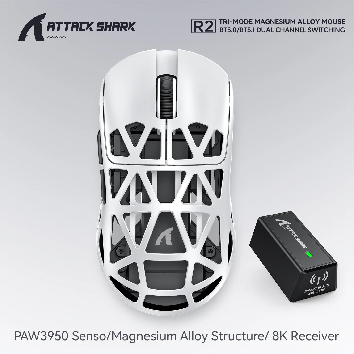 Геймърска безжична мишка Attack Shark R2 PAW3950, изработена от магнезиева сплав, 8K, лека, Bluetooth, трирежимна, за игри/офис