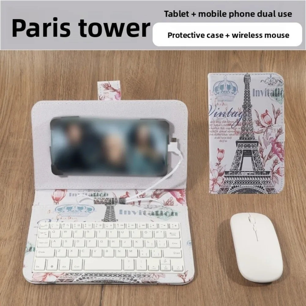 Portable Keyboard Mouse Set Type C & Micro Available Bluetooth Mouse Phone Holder PU Leather Shell Home Work Keyboard