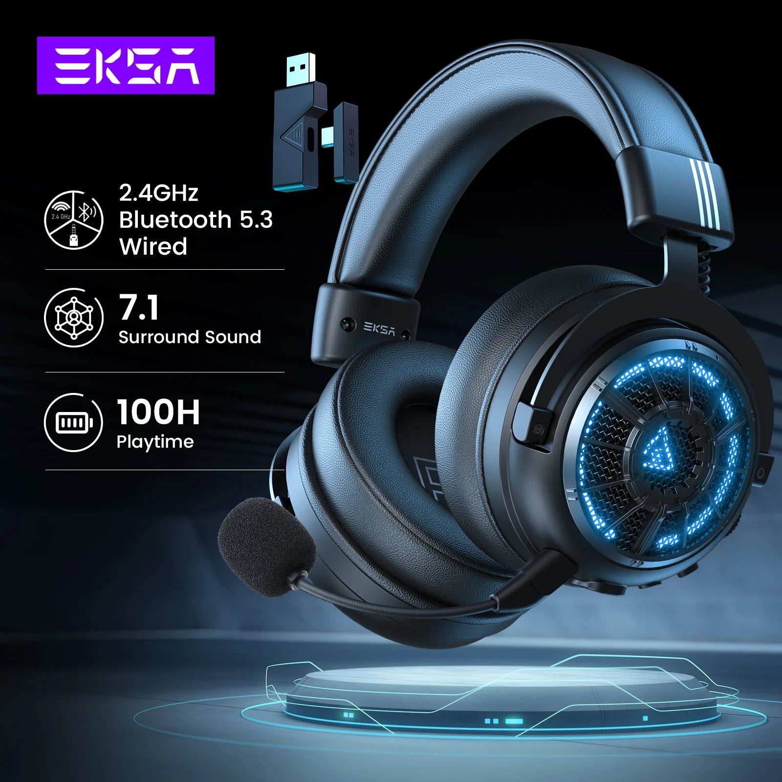 EKSA E5000 BT 2,4 GHz Drahtlose Kopfhörer Bluetooth 5,3 Gaming Headset Gamer mit ENC Noise Cancelling Mikrofon für PC/PS5/Xbox, 100H