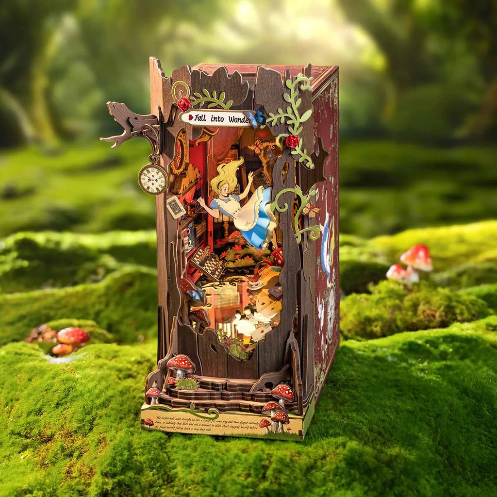 Robotime Rolife Enchanted Garden Book Nook Kit Whimsical Wooden Bookshelf Insert with Mashroom Tea Cup Decor