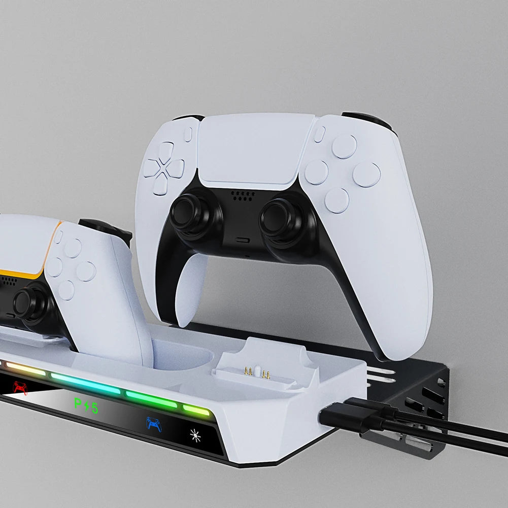 Shelf Floating Mount with Dual Controller Charger RGB Light Wall Stand W/ Headset Holder for PS5/PS5 Slim Disc & Digital Console