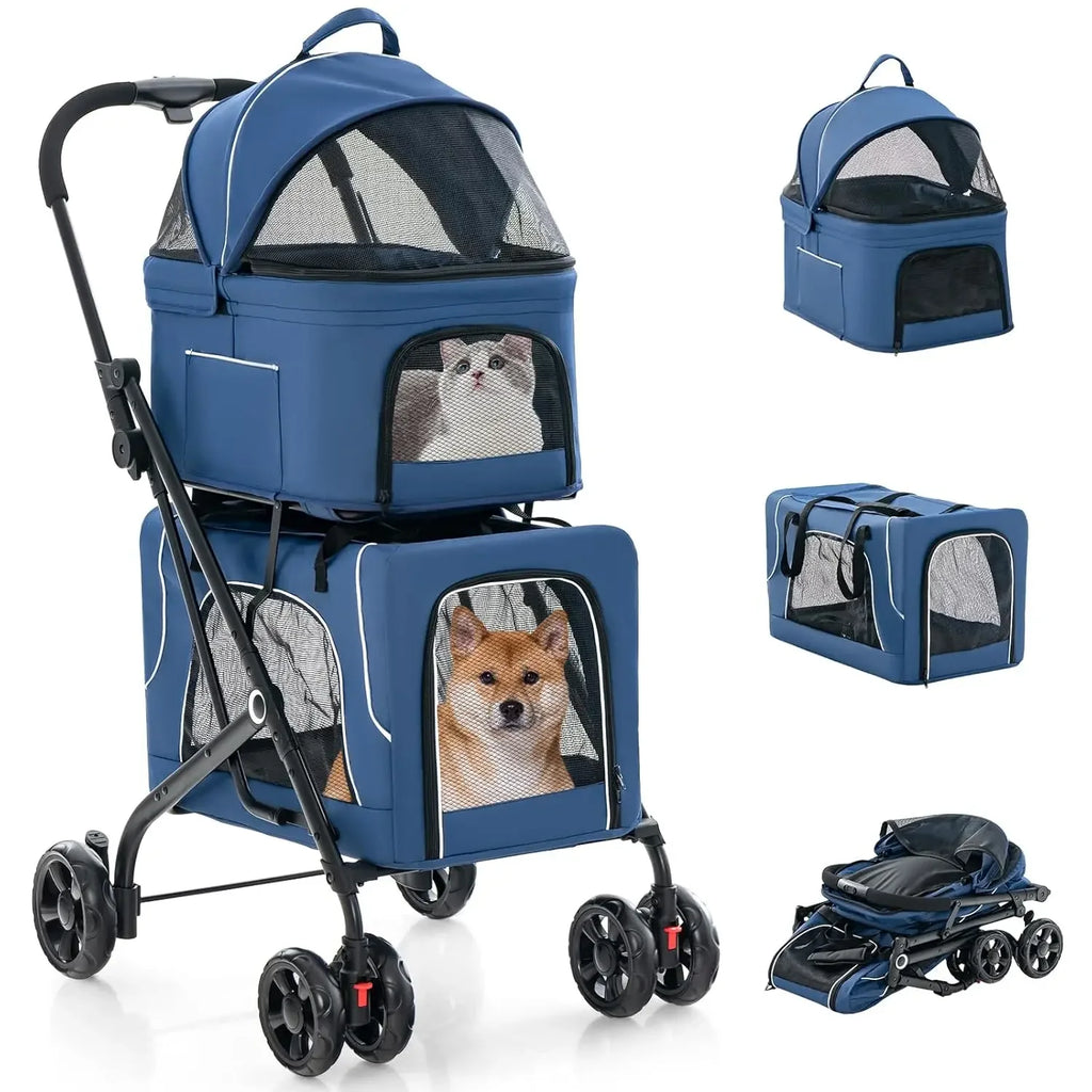 Doppelter Hundebuggy, Abnehmbare Babywanne, Sicherheitsgurt, 4 Feststellbare Räder, Reisebuggy für Haustiere, Faltbarer Katzenbuggy