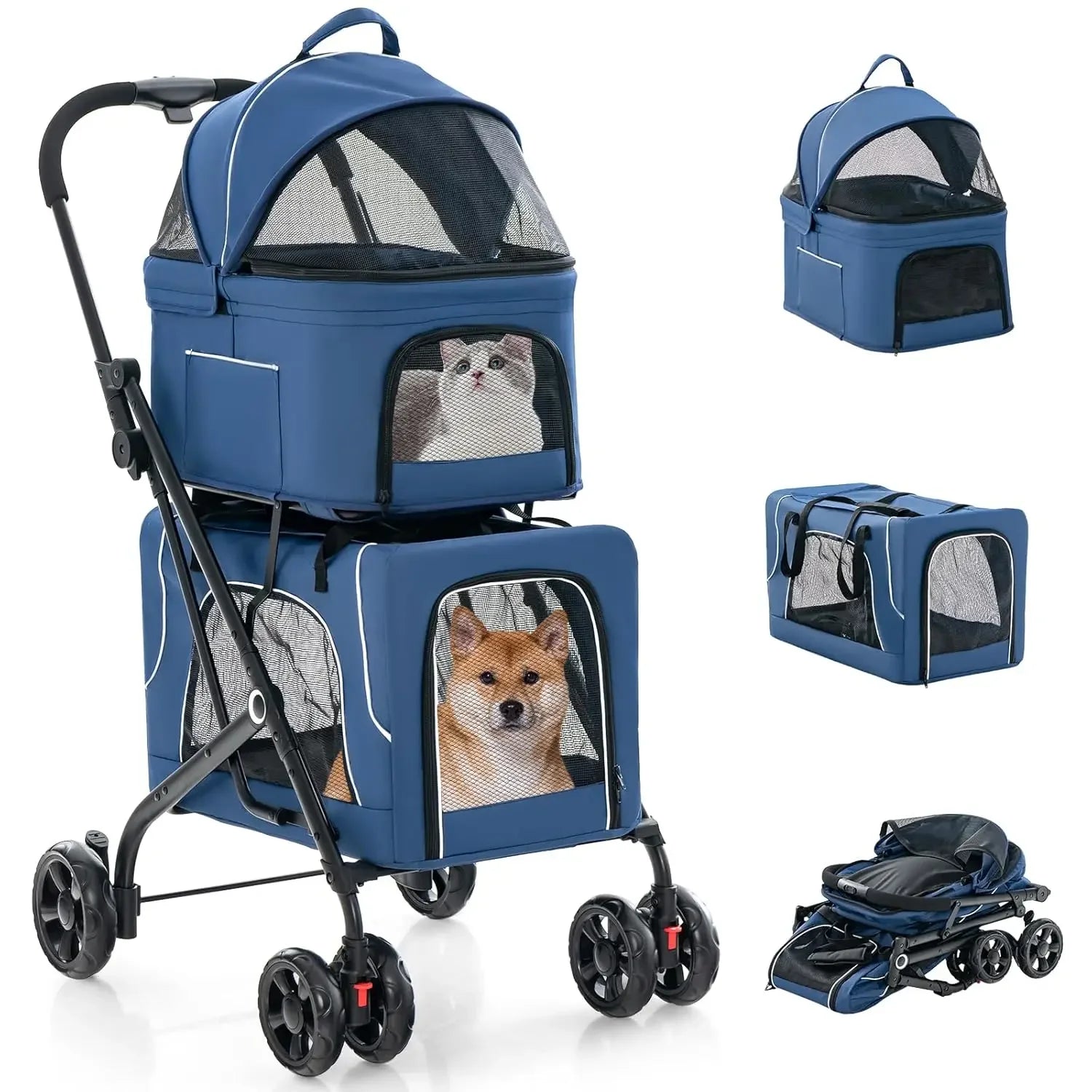 Doppelter Hundebuggy, Abnehmbare Babywanne, Sicherheitsgurt, 4 Feststellbare Räder, Reisebuggy für Haustiere, Faltbarer Katzenbuggy