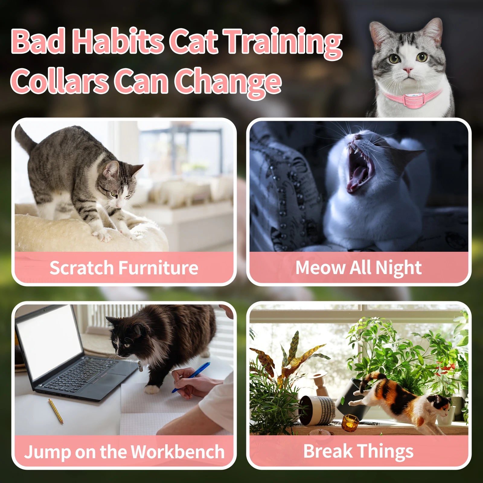 Katzen-Trainingshalsband, automatisches Anti-Bell- und Anti-Miau-System, Fernbedienung mit Piepton/Vibration/Schock, verstellbares, sicheres Halsband für Freigängerkatzen