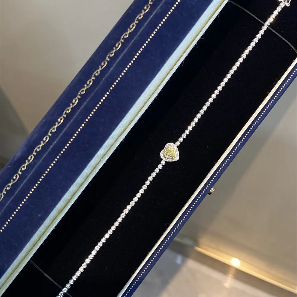 Shelly Echt 18 Karat Weißgold Au750 Schmuck Liebesherz-Design Natürliche gelbe Diamanten Tennis-Charm-Armbänder für Frauen Geschenk