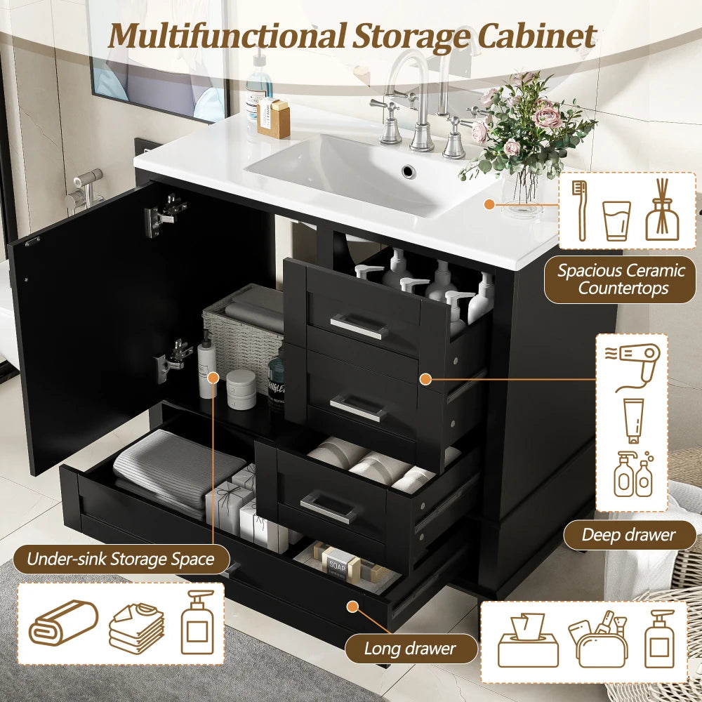 36" Black Bathroom Vanity with Solid Pine Frame, 1 Soft Close Door and 3 Drawers , Modern Storage Cabinet