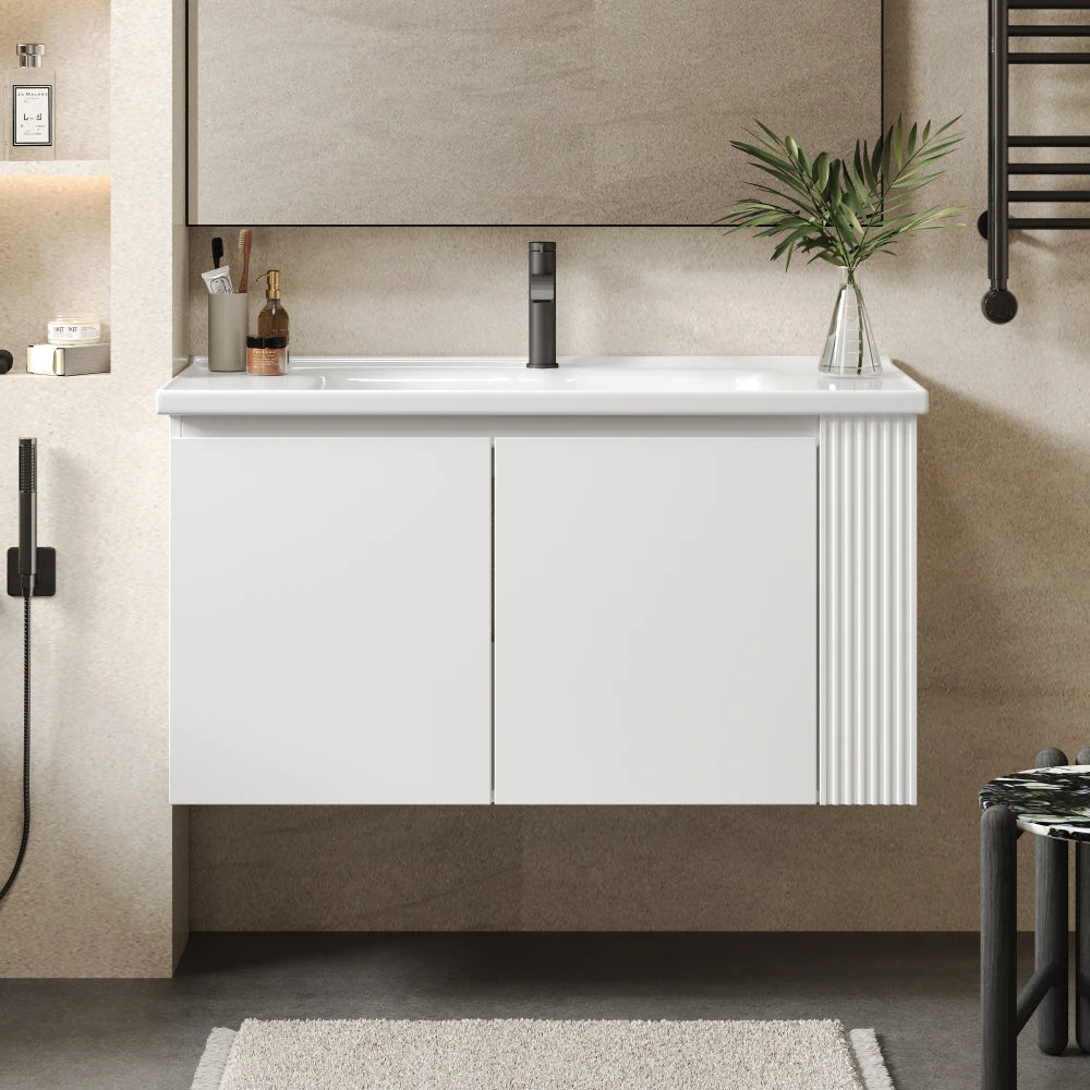 36" Modern Versatile Wall-Mounted Bathroom Vanity with Ceramic Sink, Floating Bathroom Vanity with 45 Degrees Free-Handle