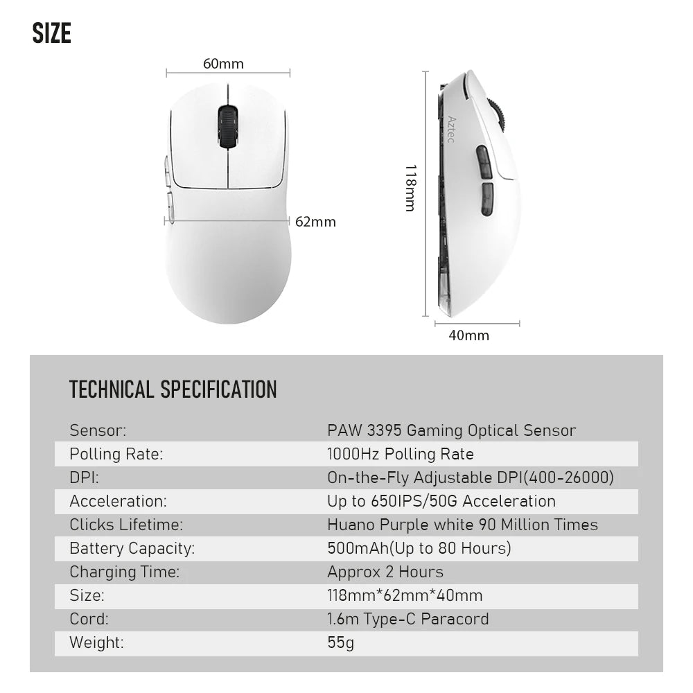 Kysona Aztec PAW3395 Wireless Gaming Mouse 55g Ultra-Light 26000DPI 6 Buttons 90 Million Optical Computer Mice For Laptop PC
