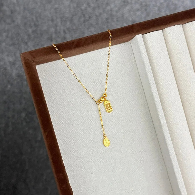 Chinese Style Gold 9999 24K Real Gold Abacus Ping Anxiele Chain Temperament Jewelry Necklace Collarbone Chain Jewelry