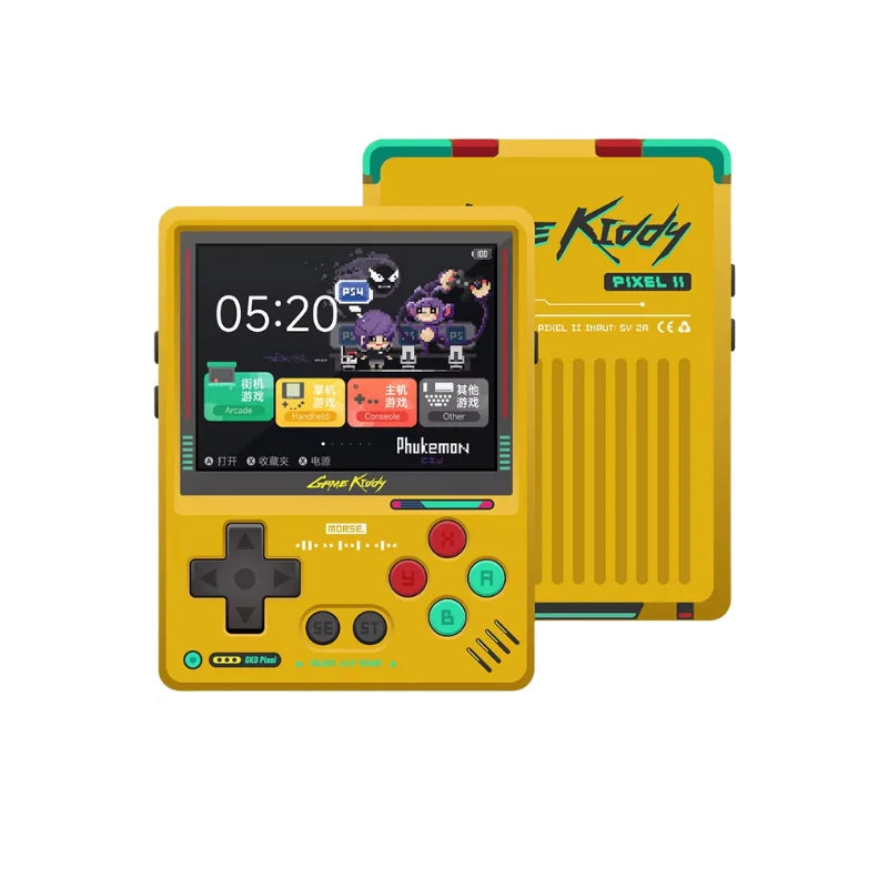 Yellow handheld gaming device with screen displaying game interface, brand 'Kiddy' visible.