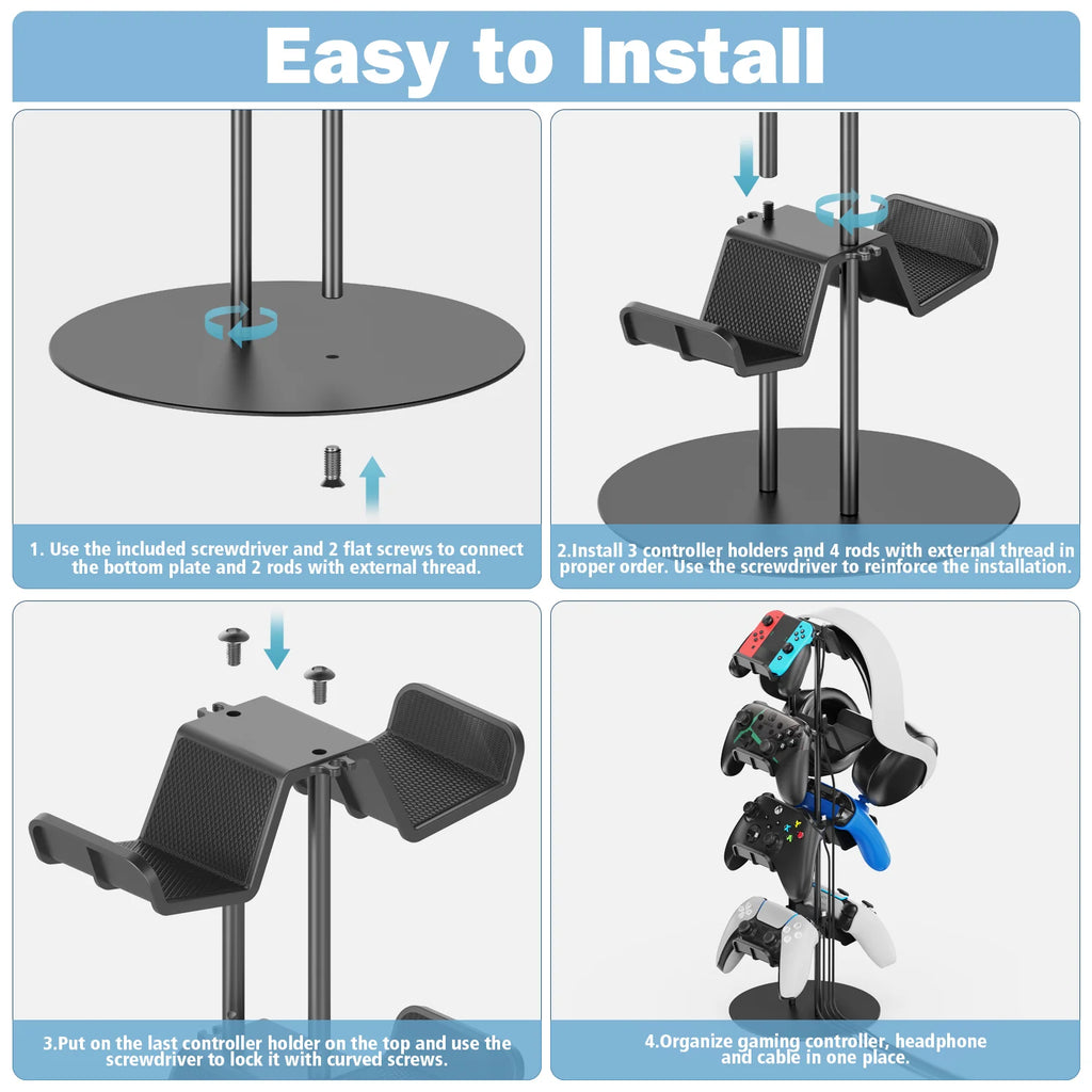 Universal Controller Stand 4 Tiers with Cable Organizer Headset Holder & Desk Mounts for 8 Packs Controller
