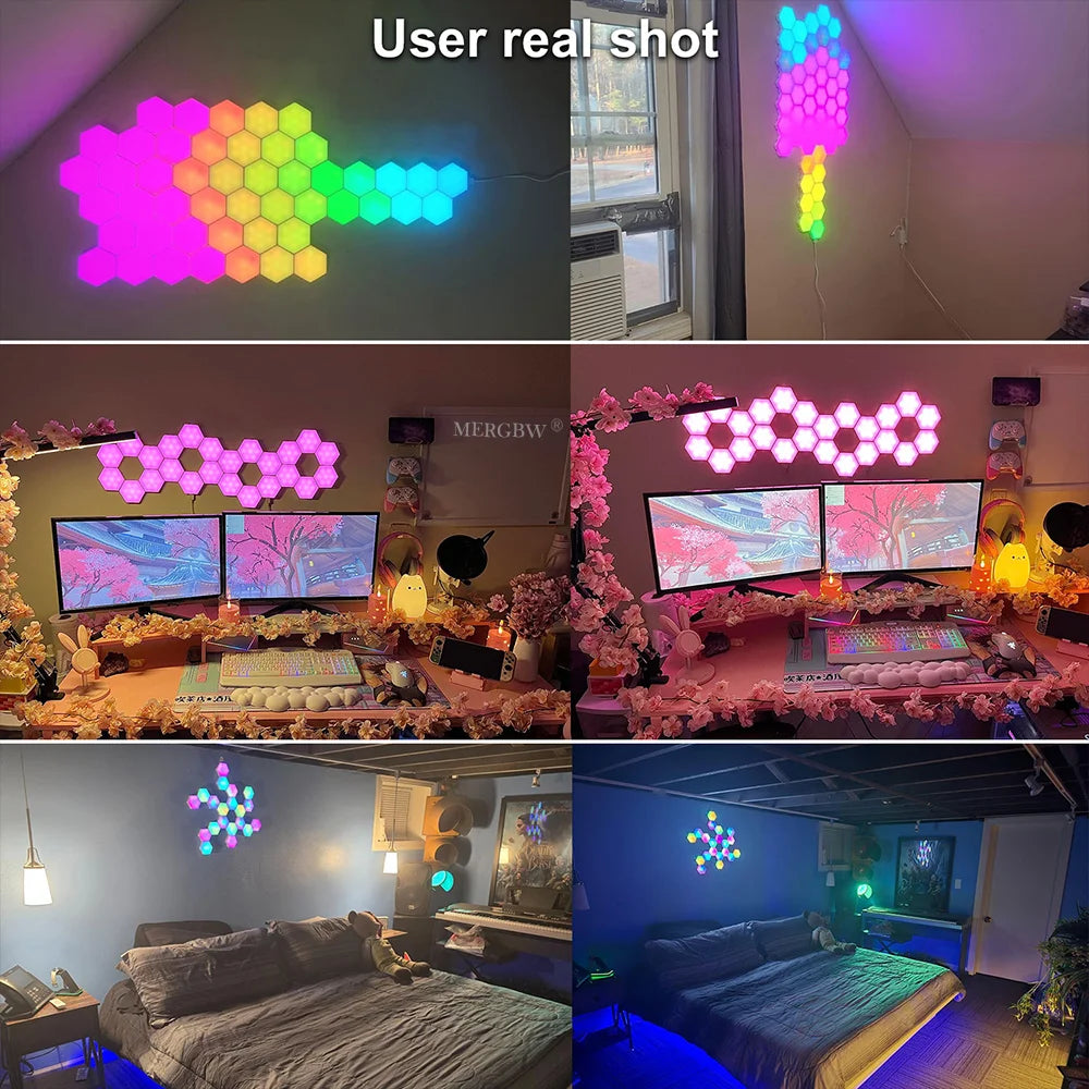 Smart Hexagonal Wall Lamp Color Change Ambient Night Light DIY Shape Music Sync MeRGBW APP Gaming RGB Hexagon LED Lights Bedroom