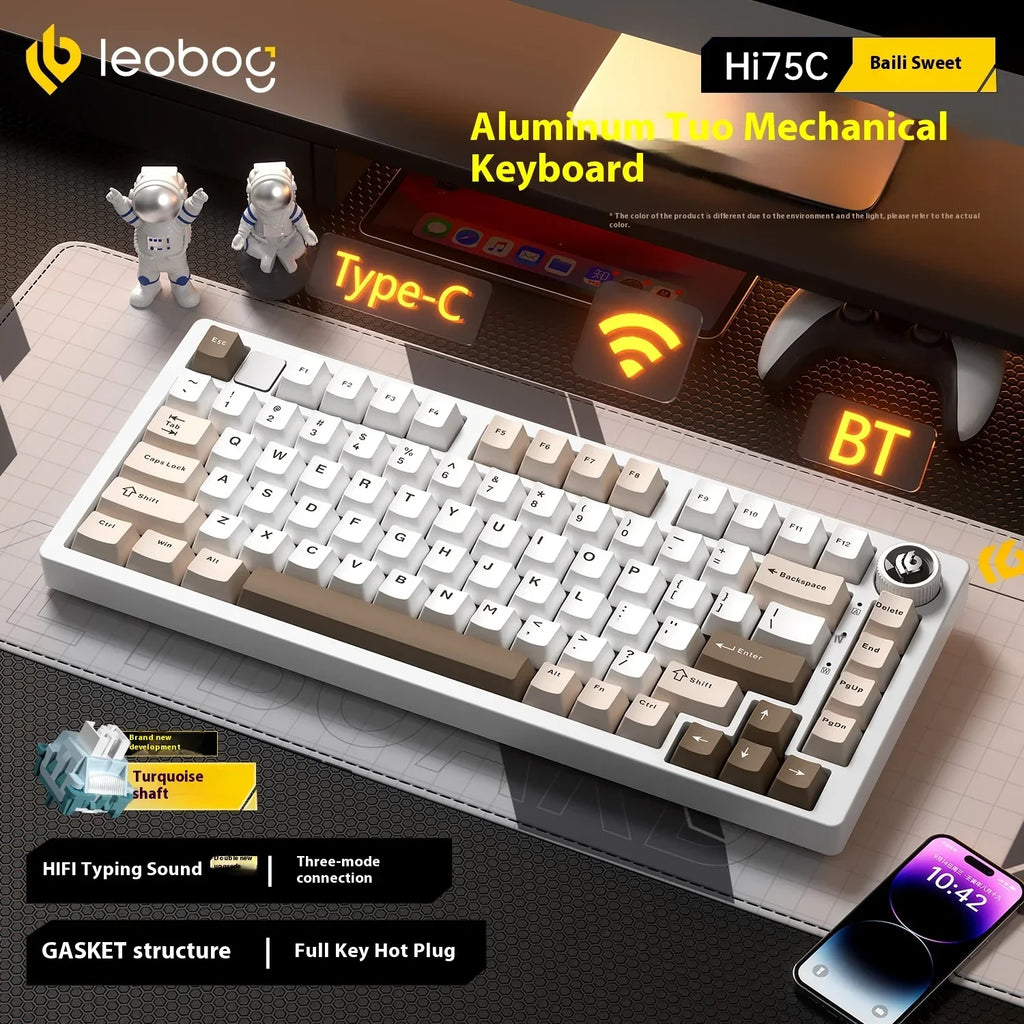 LEOBOG Hi75C Механична клавиатура 3 режима/кабелен комплект с гореща замяна с копче RGB алуминиево уплътнение Hi75C Комплект клавиатура за компютър, персонализиран подарък