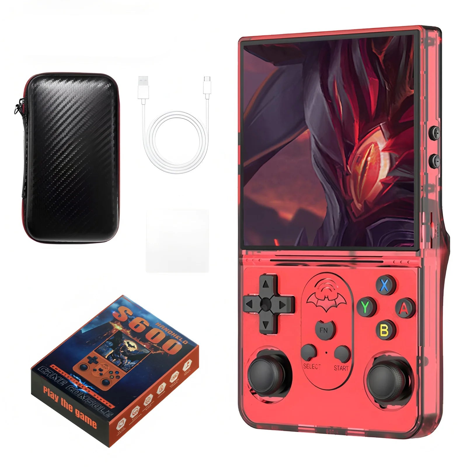 Red handheld gaming console with accessories including a protective case, charging cable, and film.