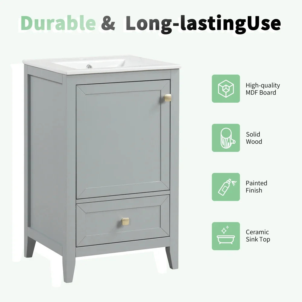 20" Bathroom Vanity with Sink, Bathroom Cabinet with Soft Closing Door, Storage Rack and A Drawer, Grey