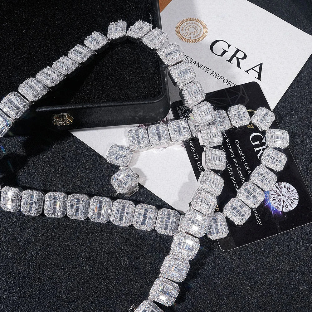 13mm Moissanite S925 Silver Baguettes Chain Necklace For Men Iced Out Chain Hip Hop Jewelry Pass Diamonds Tester With GRA Free S