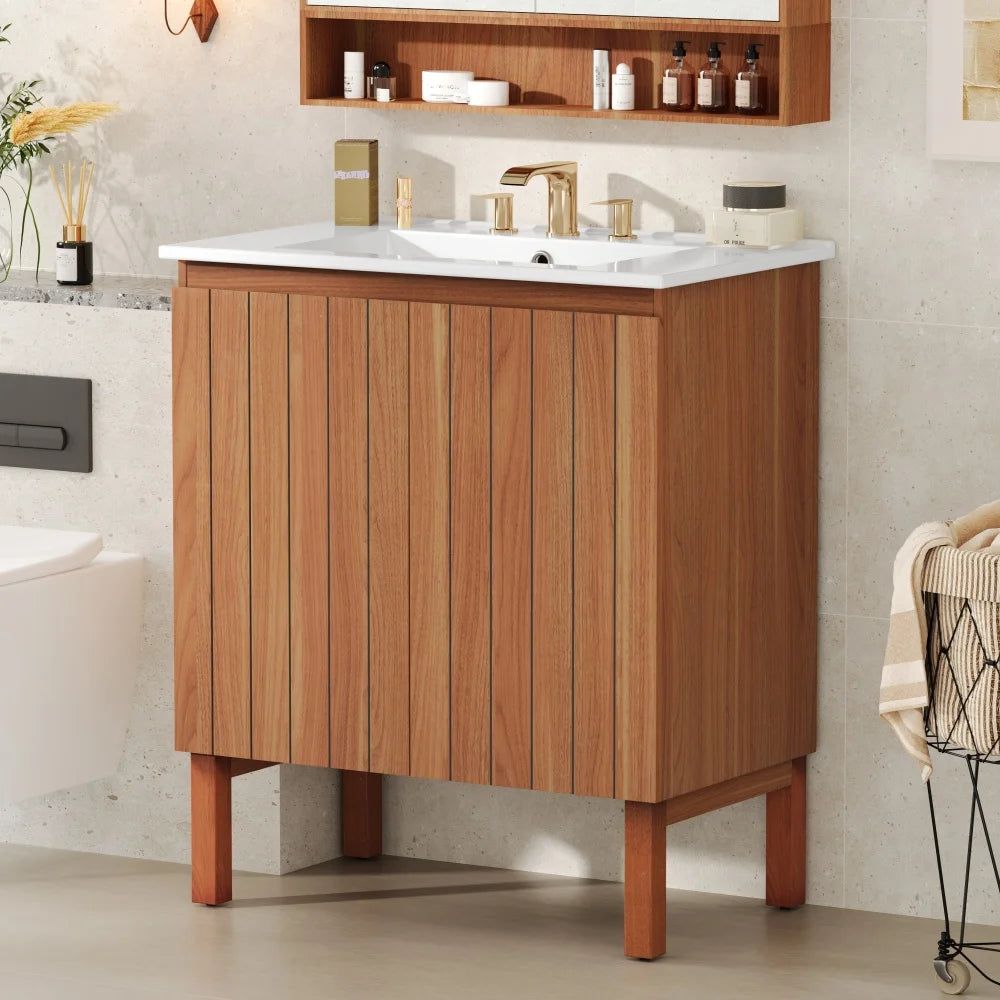 30" Modern Bathroom Vanity with Ceramic Sink, Vintage Minimalist Bathroom Vanity Cabinet, 45 Degrees Free-Handle Design Doors