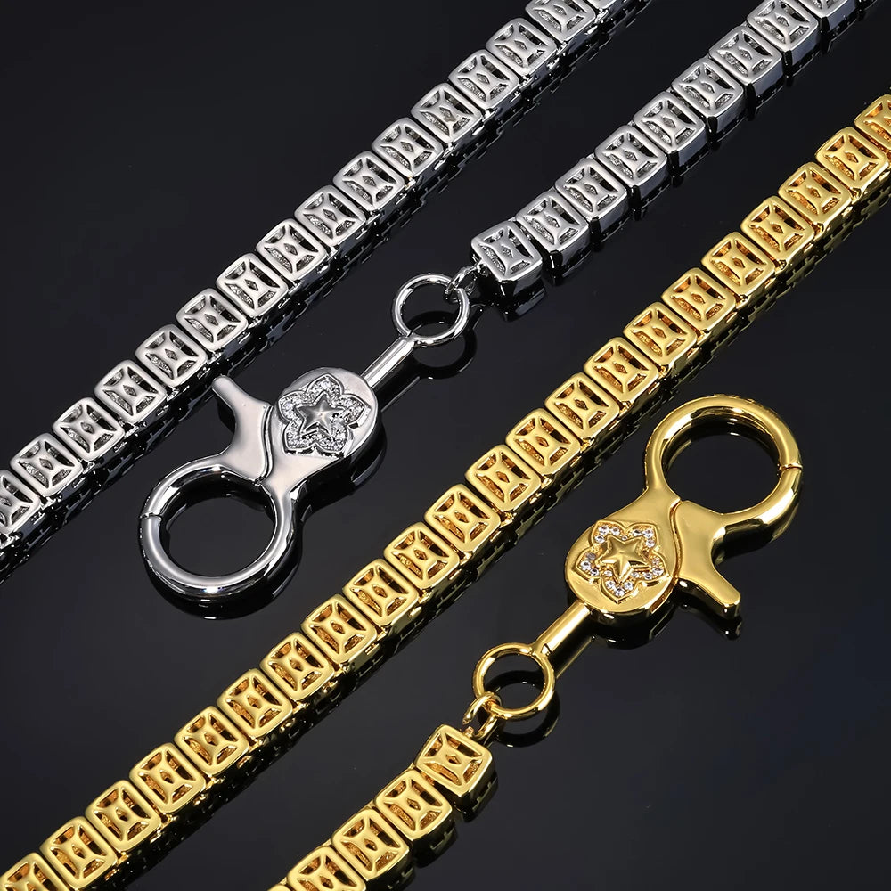 HHIOK New Rectangular Tennis Chain 5A Brass Inlaid Zircon Iced Keychain Hip Hop Rock Style Men's and Women's Jewelry Necklace