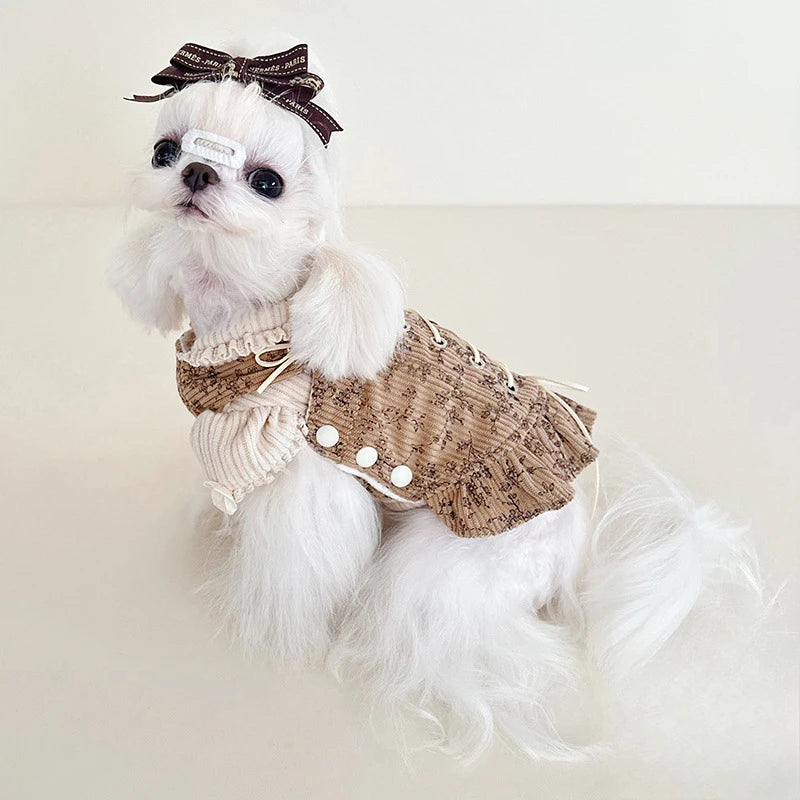 Autumn Winter Striped Lace Doll Collar Base Shirt Cute Corduroy Drawstring Vest Plush Bubble Sleeves Shoulder Strap Skirt Set