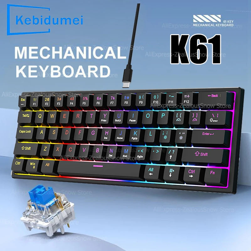 Mechanische Tastatur mit 61 Tasten, kabelgebundene Gaming-Tastatur für Laptop, Desktop, Ergonomie, RGB-Hintergrundbeleuchtung, Cyan-Achsen-Tastenkappen, PC-Zubehör