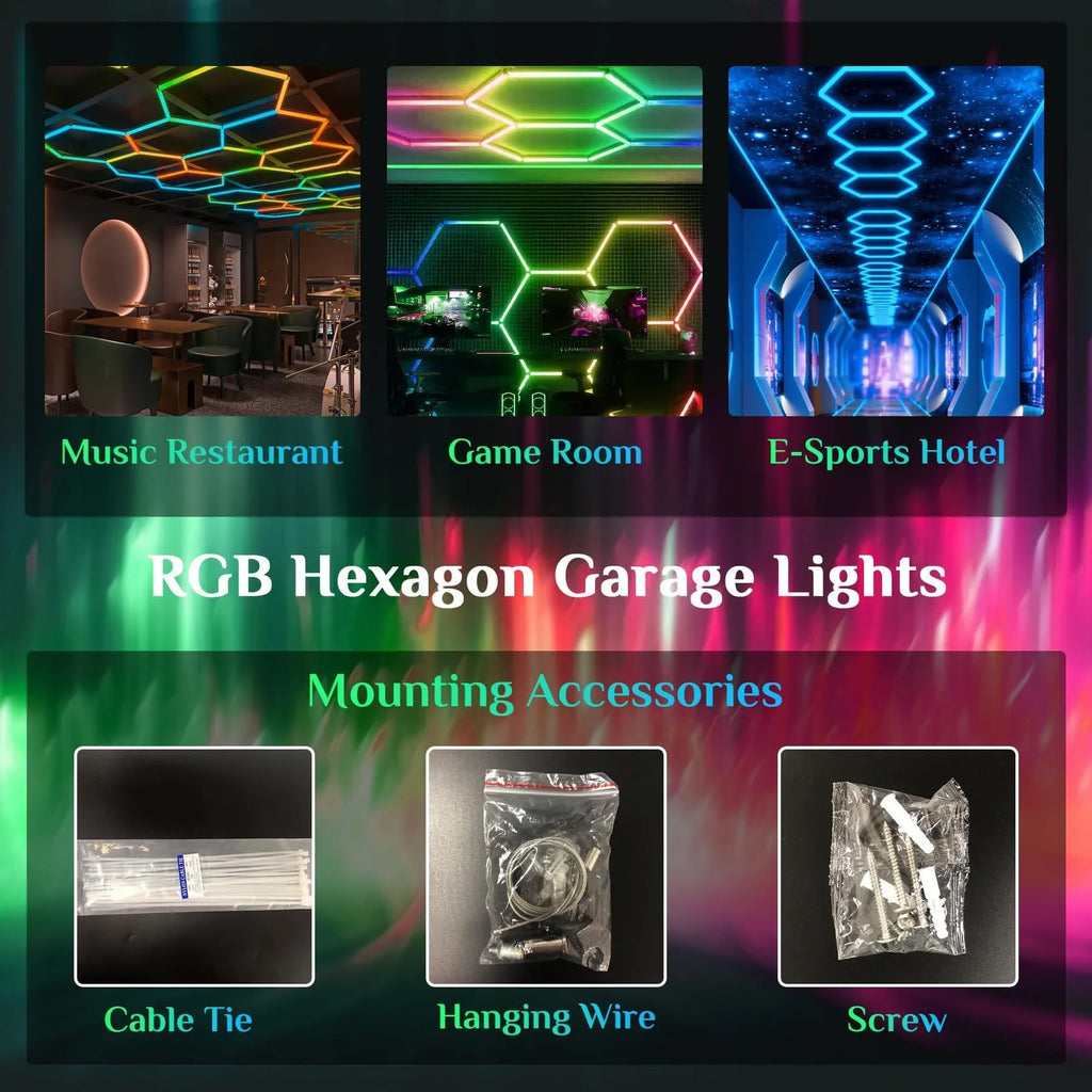 Hexagon Garage Lights RGB Garage LED Ligh APP Remote Control Multi Color Modes for Gaming Room Bar Club Gym Ceiling Lighting