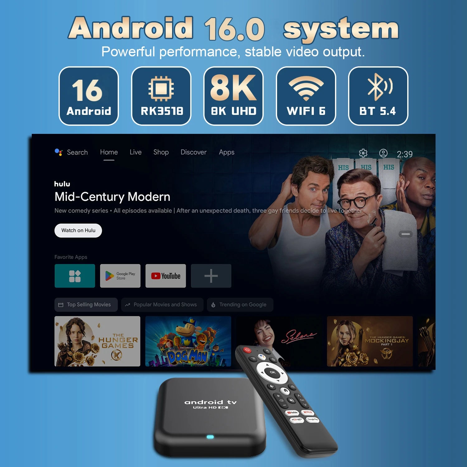 Android 16.0 TV BoxRockchip RK3518 Q18 Smart TV Box 8K Google Assistant Netflix Multimedia Player 2.4G 5G Wifi 6 BT5.4 128G ATV