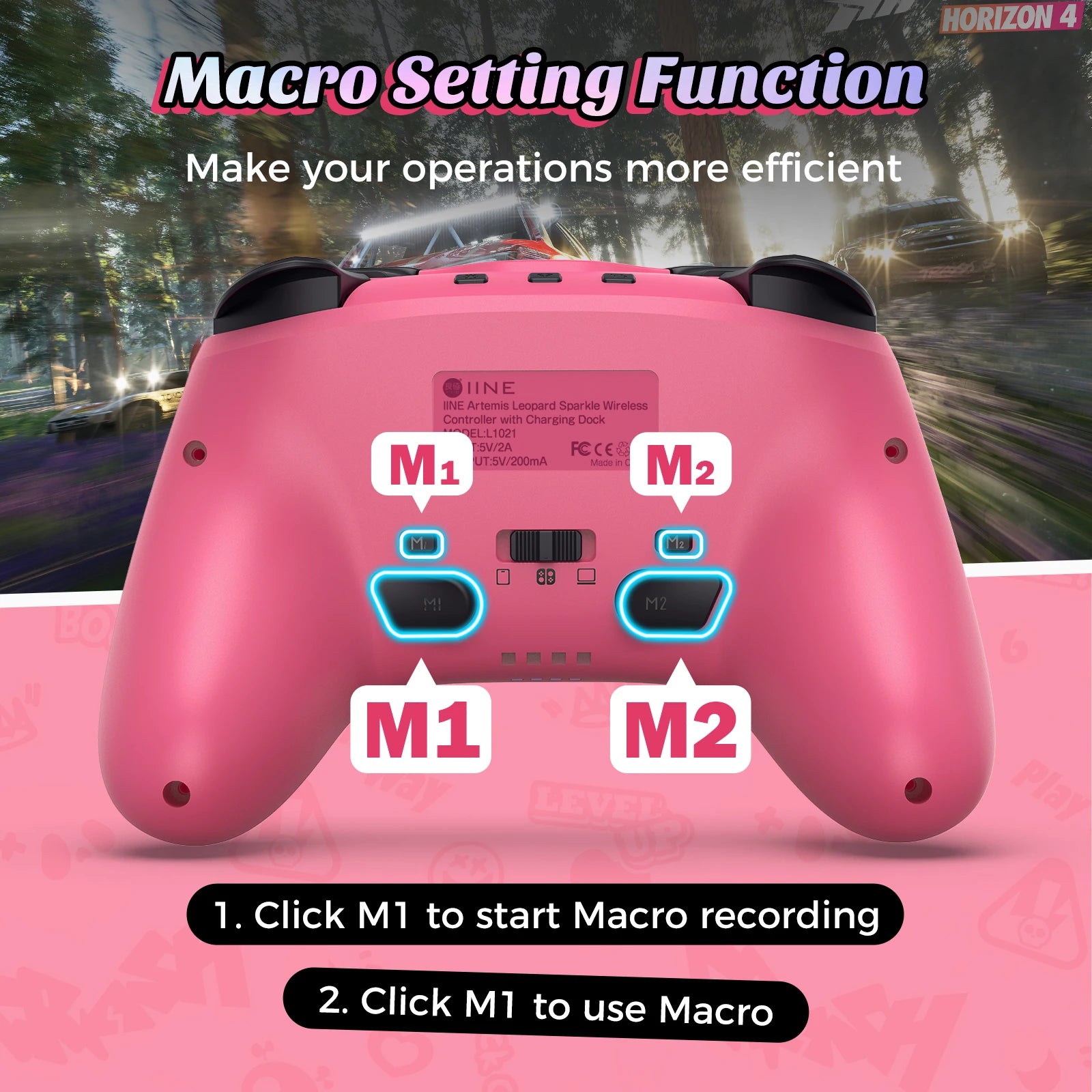 IINE Pink Wireless Controller with Charging Dock for PC/Laptop/Switch/Steam/iPad,support NFC Amiibo Auto-Fire Macro