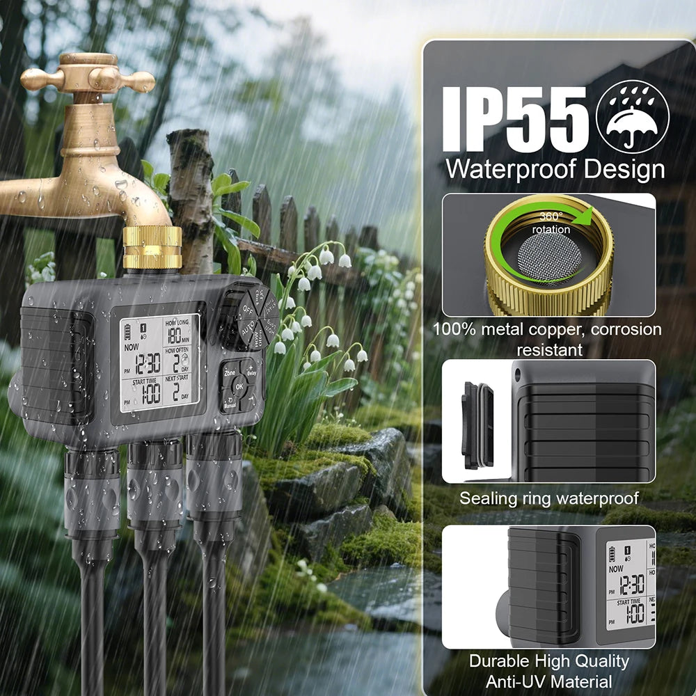 3 Outlets Smart Irrigation Watering System Copper Faucet Hose Sprinkle Automatic Water Timer IPX5 3-Zone Digital Water Timer