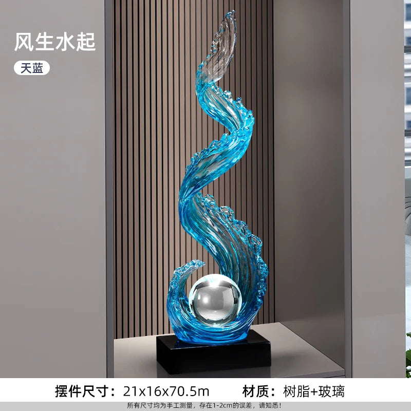 Home Decor Wind and Water Rising Decorations,Blue Resin Sculpture Luxury Living Room Entrance Vertical Art Decoration Customized