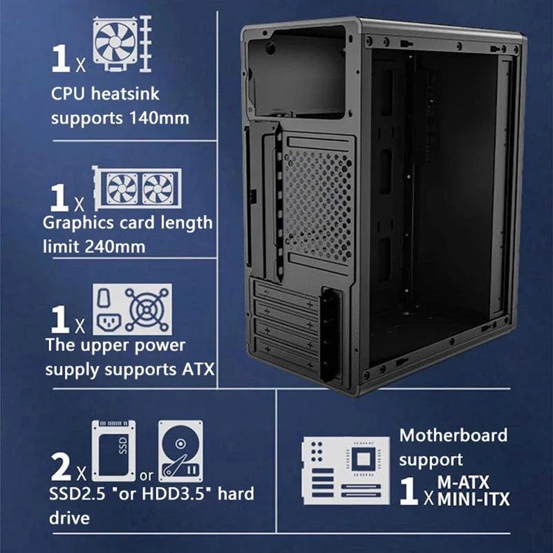 Mini-Computergehäuse, ATX-Netzteil, geeignet für M-ATX/ITX-Motherboards für einfache Tragbarkeit und schnelle Wärmeableitung