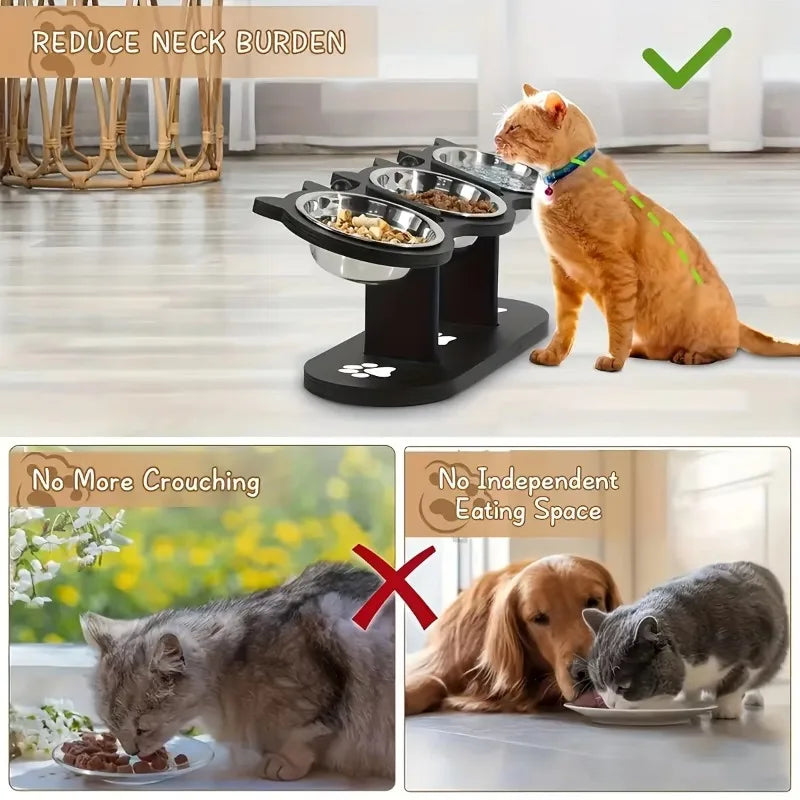 3 Bowls Wooden Elevated Cat Feeder Stand with 15 Angle Adjustable Stainless Steel Food & Water Bowls Pet Feeding