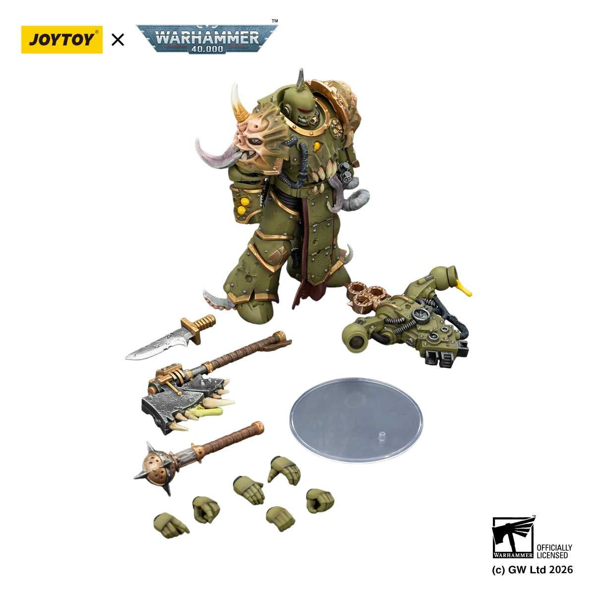 【In stock】JOYTOY Warhammer 40K Death Guard Plague Marine with Bubotic Axe and Plague Knife 1/18 Action Figure Model Toy