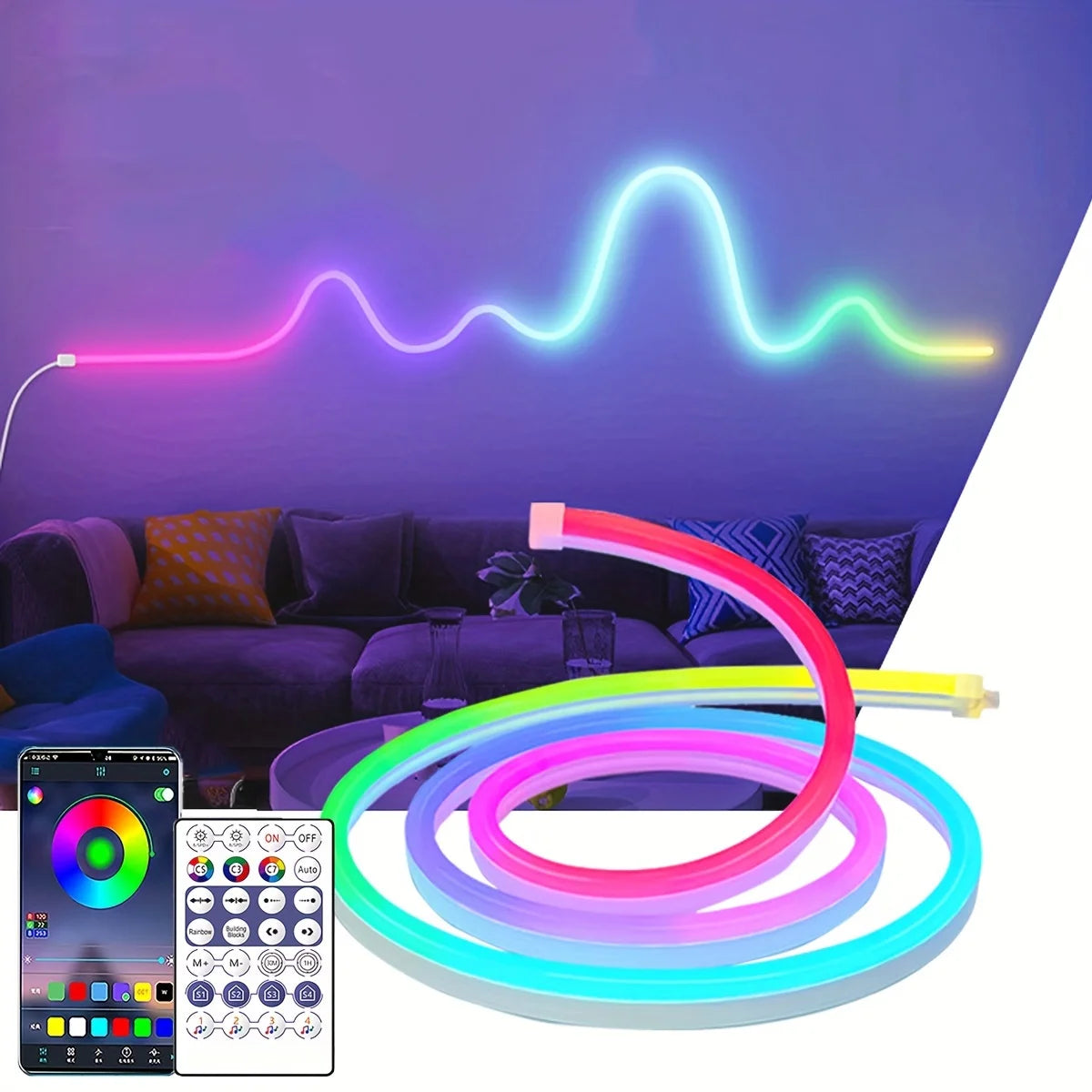 Smart RGBIC USB Neon LED Strip Lights,1M-10M, APP Control Music Sync Waterproof Dynamic Effects Neon Rope for Home Party Decor
