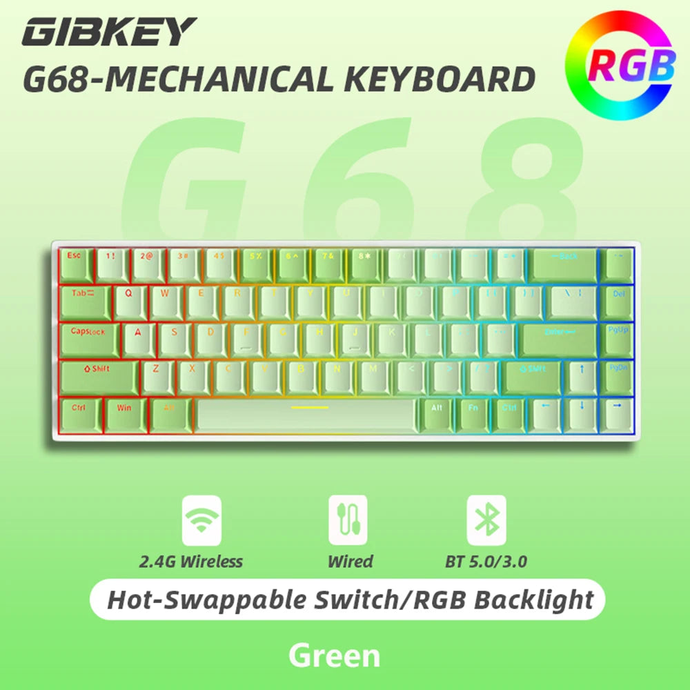 G68 Gaming Mechanical keyboard Wireless/Bluetooth Hot-Swappable 65% Keyboards Customized RGB Backlit for Gamer Tablet Computer