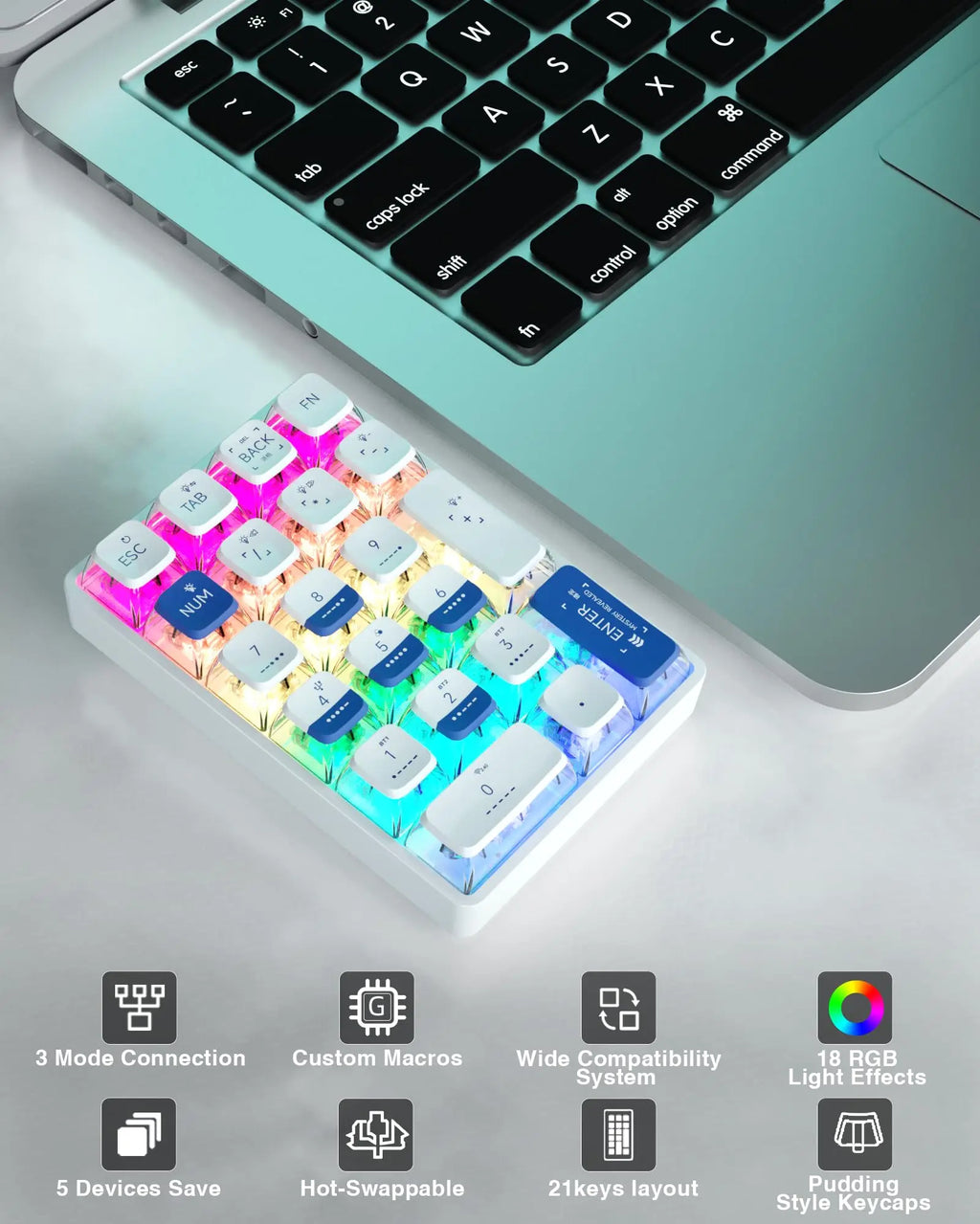 LEOBOG K21 Wireless Mechanical Numpad Keyboard 21 Key RGB 3 BT/2.4GHz/Type C Wired Hot Swappable Transparent Keycaps Keyboard