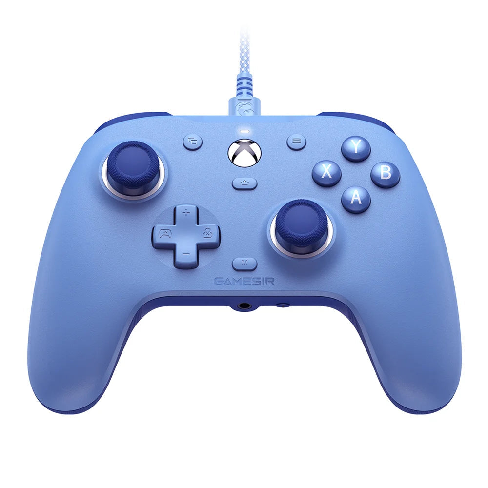 Blue gaming controller with Xbox logo on a white background