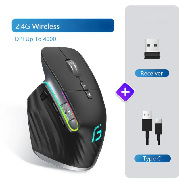2.4G Wireless + Bluetooth RGB Rechargeable Ergonomic Mouse - Gaming & Office Computer Mouse