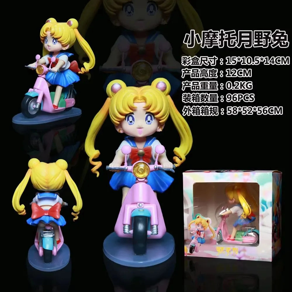 Sailor Moon Anime Figure 13cm Q Version Tsukino Usagi Ride A Bike Figurine Collection Desktop Decor Ornament Doll Kid'S Toy Gift