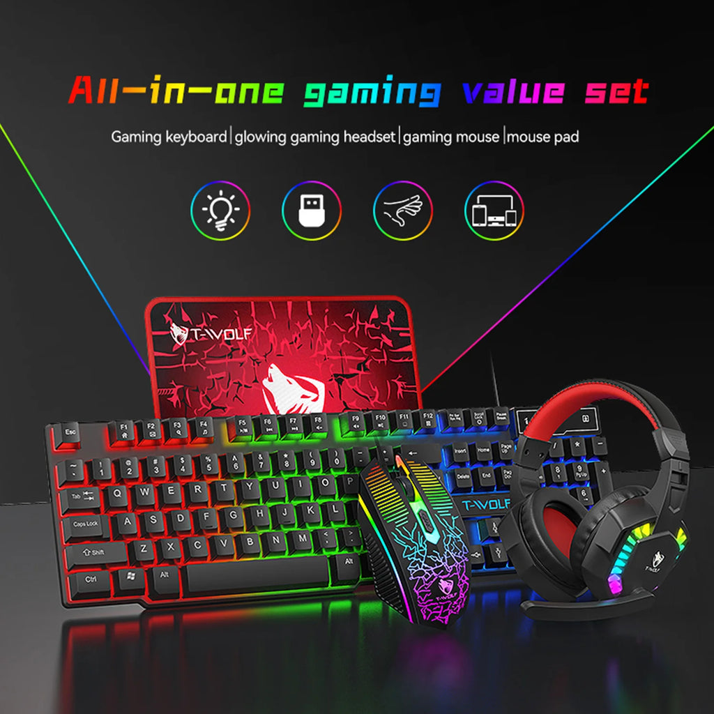 RGB USB клавиатура и мишка Геймърски слушалки Комбинации 4 в 1 английска геймърска кабелна клавиатура и мишка Комплект с подложка за мишка и слушалки