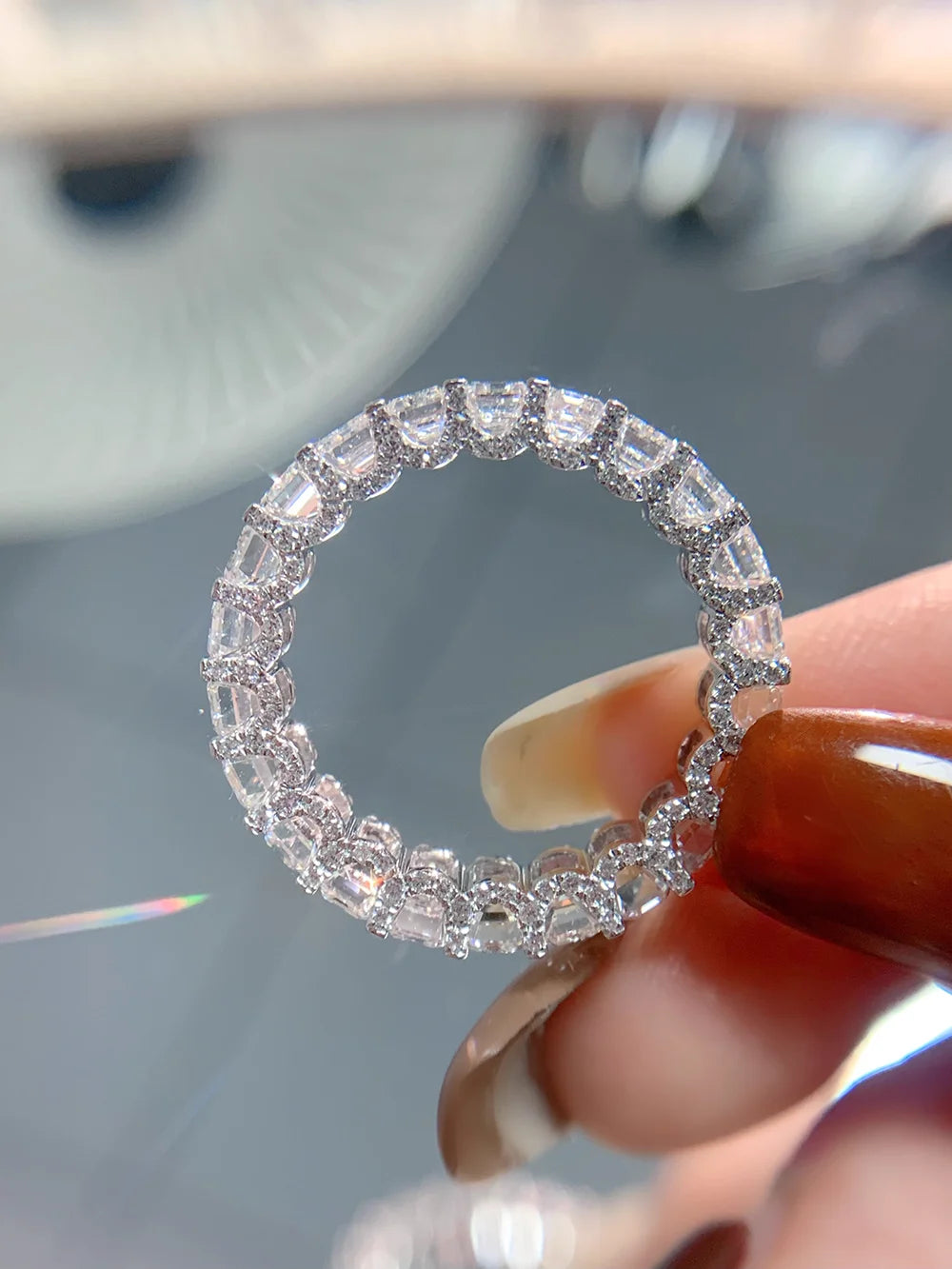 Custom Real Solid 18K White Gold Ring Women Engagement Anniversary Wedding Ring Emerald Moissanite Diamond Ring Eternity Trendy