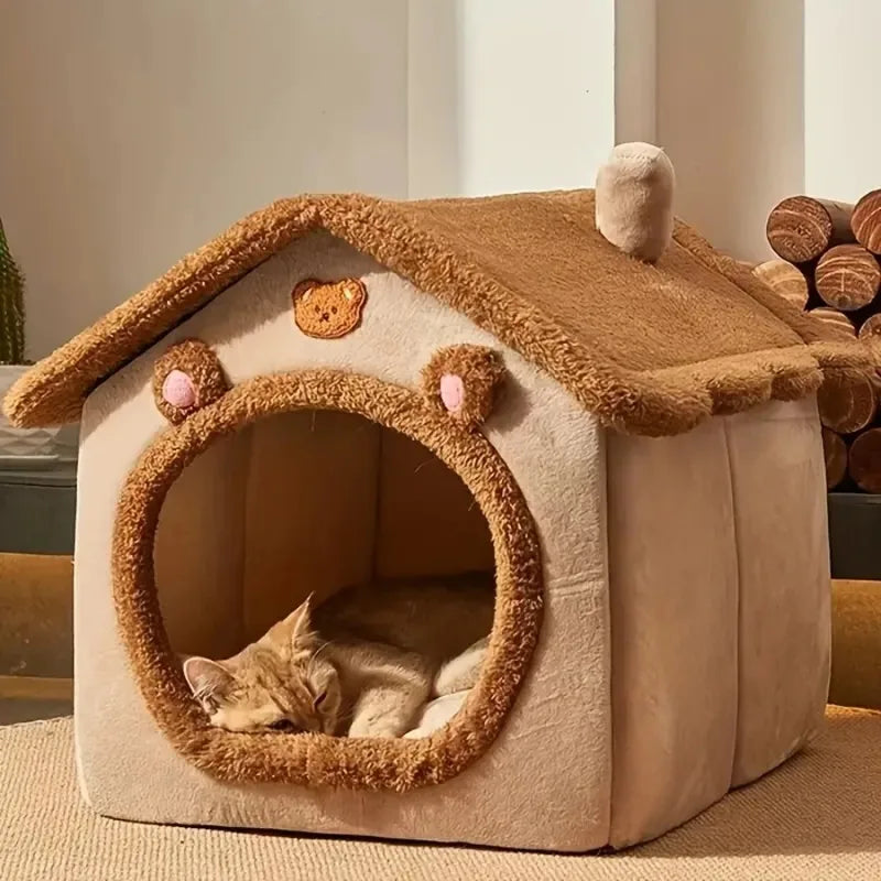 Cat Bed Dog House Gray Soft Plush Detachable Semi Enclosed Foldable Warm Cat Villa Pet Nest Four Season Universal Pet Supplies