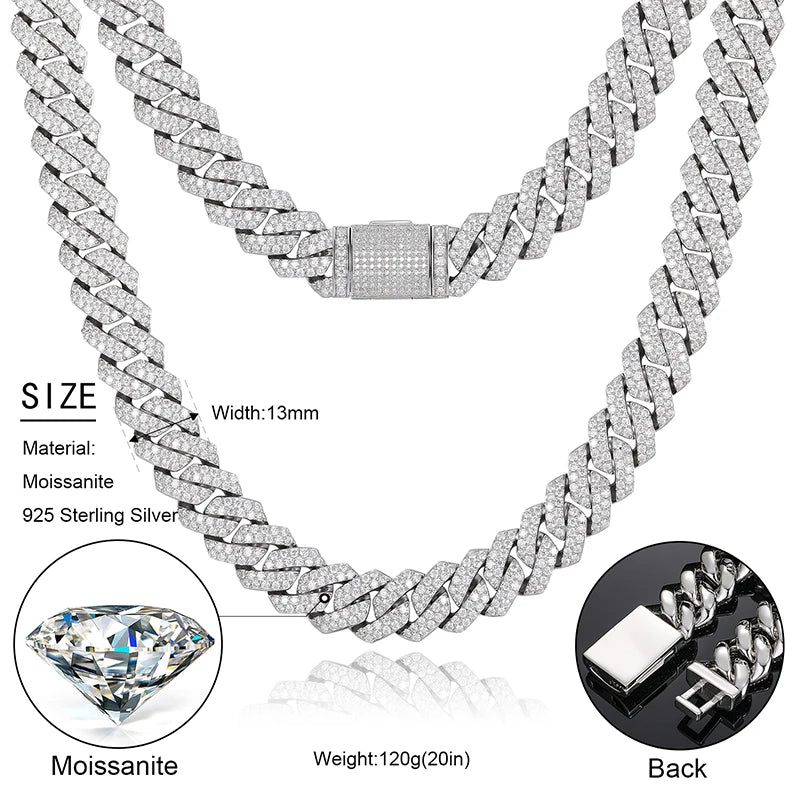 14mm S925 Sterling Silver VVS1 Moissanite Diamond Cuban Link Chain Necklace For Men Hip Hop Jewelry Miami Unisex Party Gift